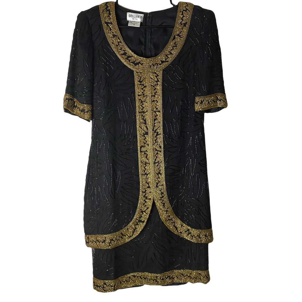 Brillante by JA Vintage Black & Gold Art Deco Silk Sequin  Dress